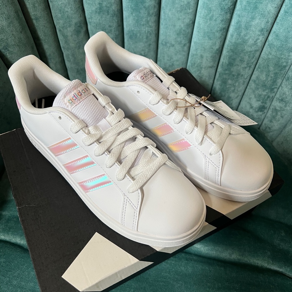 Adidas White and Soft Pink Iridescent Strips Sneakers